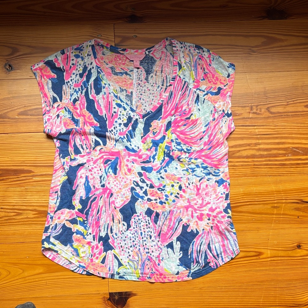 Lilly Pulitzer Pink and Blue Floral V-Neck Top